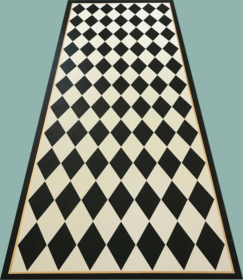 Full image of this 5'3" x 15' 9" harlequin patterned floorcloth in a soft yellow-white and charcoal colorway.