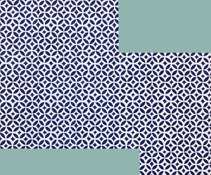 Full image of this shaped piece made to perfectly fit the footprint of the bathroom.  The pattern is a interlocking circle design.