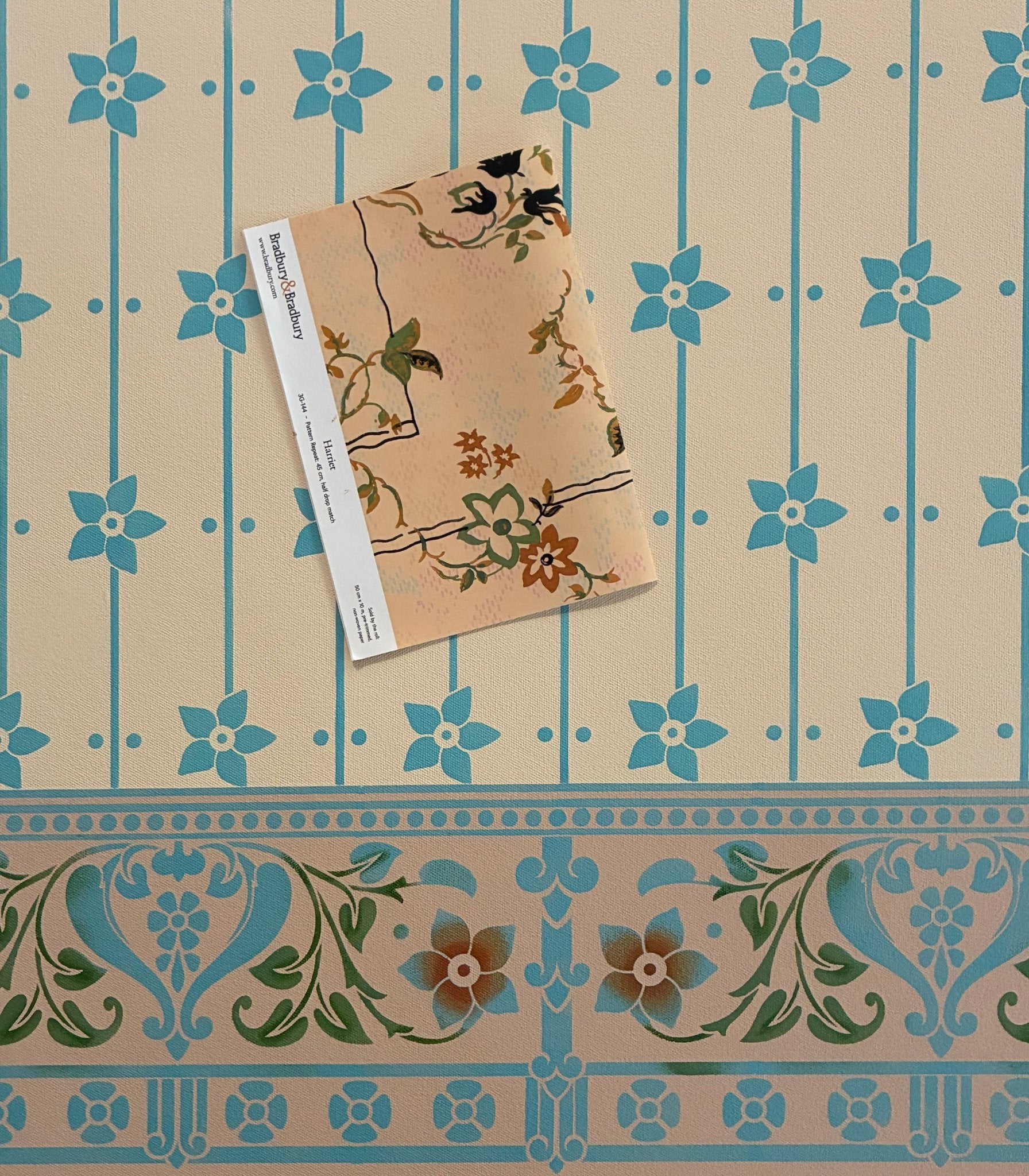 Starflower Floorcloth #7 with wallpaper planned for bedroom in which the floorcloth will reside.