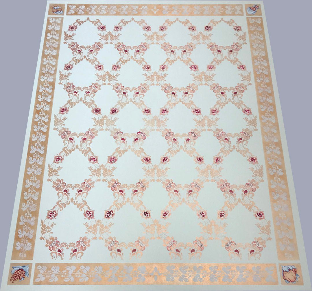 Full image of this floorcloth which is based on an ornate floral damask design that creates a trellis effect.  The border is an organic leaf and berry motif, deliberately given a worn effect, and the corners are hand-painted fruits based on carvings on the buffet in the room where this floorcloth resides.  