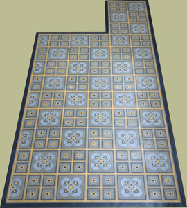 Full image of this shaped floorcloth, based on a rare geometric dresser design.