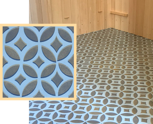 Both and in-situ and close up shot of an Interlocking Circles floorcloth,  floorcloth, part of our Geometric Collection.