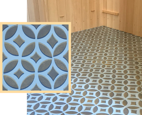 Both and in-situ and close up shot of an Interlocking Circles floorcloth,  floorcloth, part of our Geometric Collection.