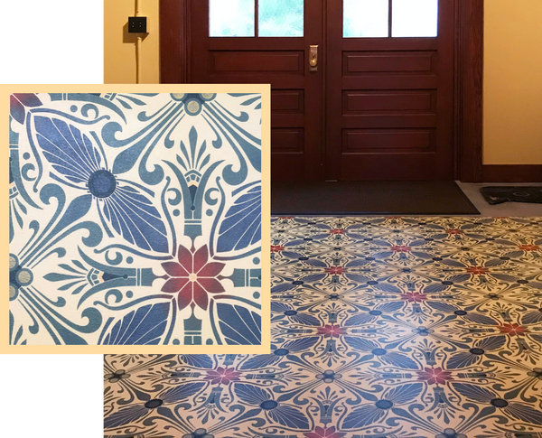 Both and in-situ and close up shot of a Greek Windmills floorcloth, part of our Dresser Collection.