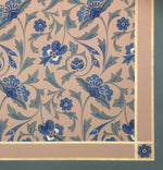Load image into Gallery viewer, Close up image of floorcloth corner with an all over floral pattern based on a Christopher Dresser pattern.
