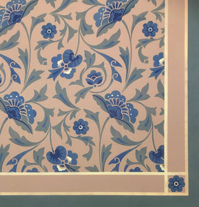 Close up image of floorcloth corner with an all over floral pattern based on a Christopher Dresser pattern.