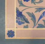 Load image into Gallery viewer, Close up image of floorcloth corner with an all over floral pattern, based on a Christopher Dresser pattern.
