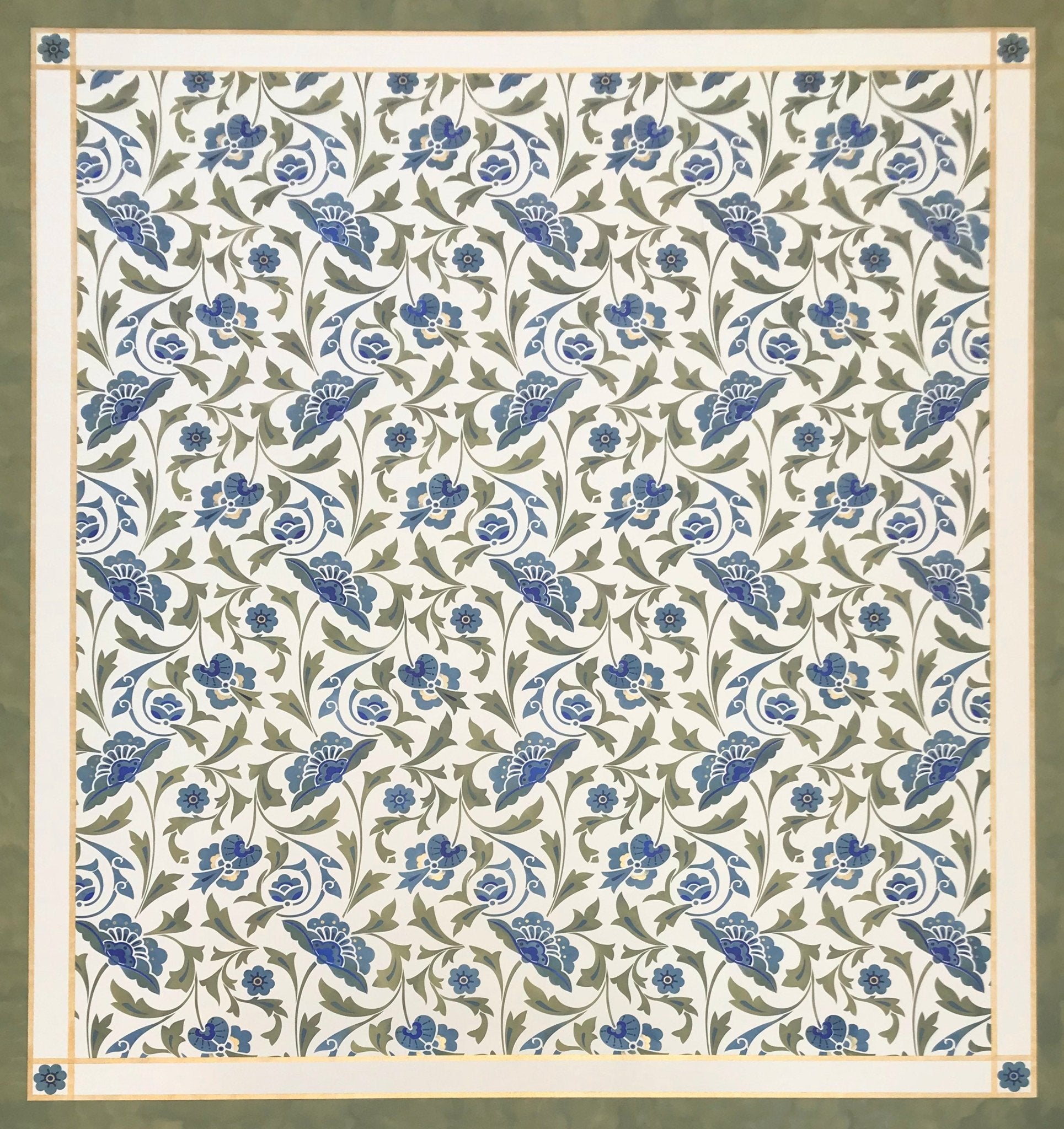 Full image of this floorcloth with an all over floral pattern based on a Christopher Dresser pattern.