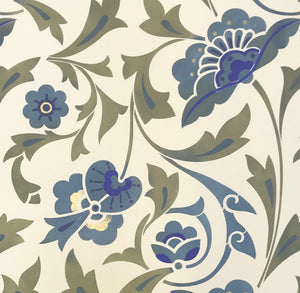 Close up image of this floorcloth’s all over floral pattern based on a Christopher Dresser pattern.