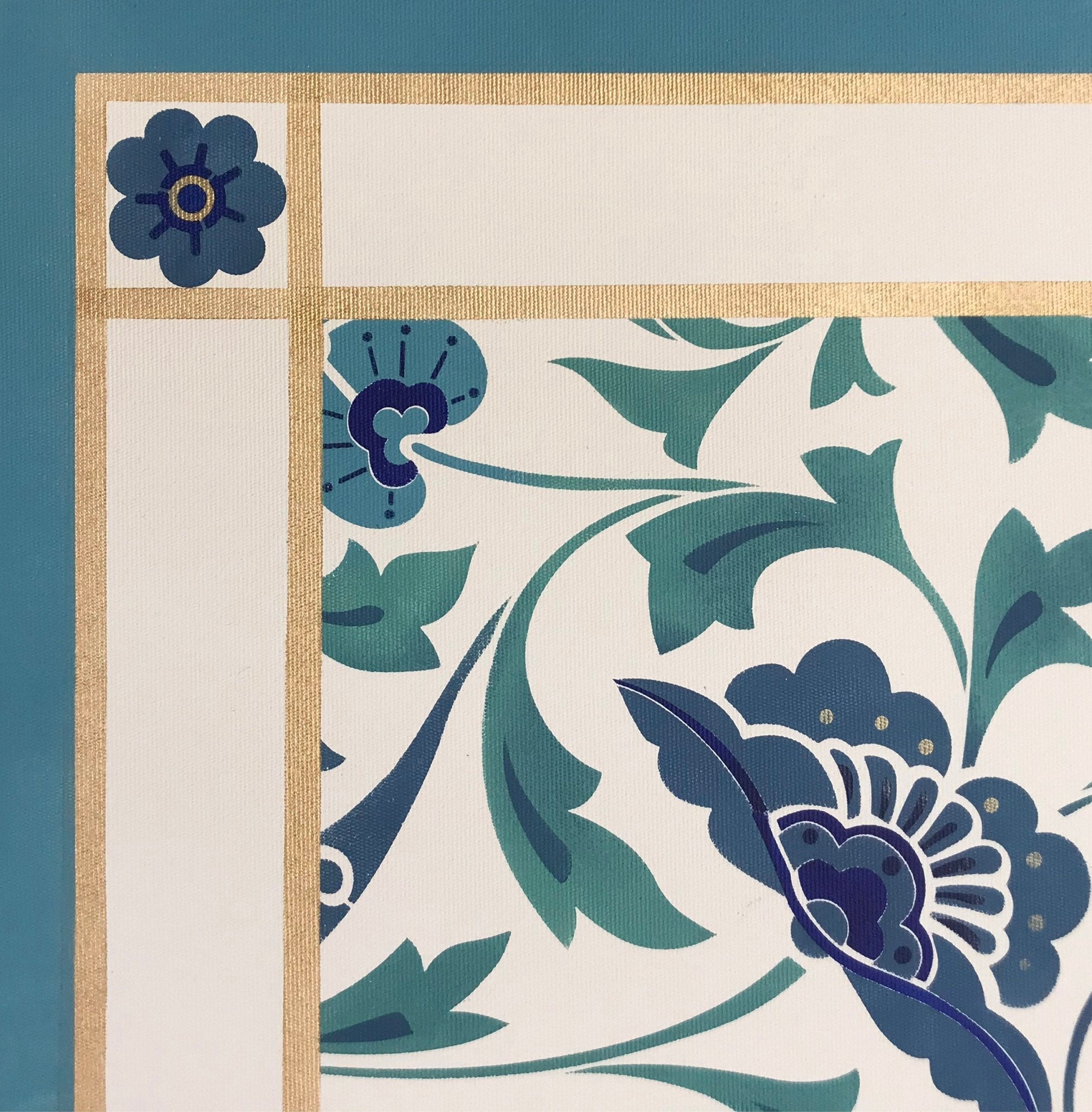 The close-up corner view of this floorcloth with its banded border and floral corner adornments.