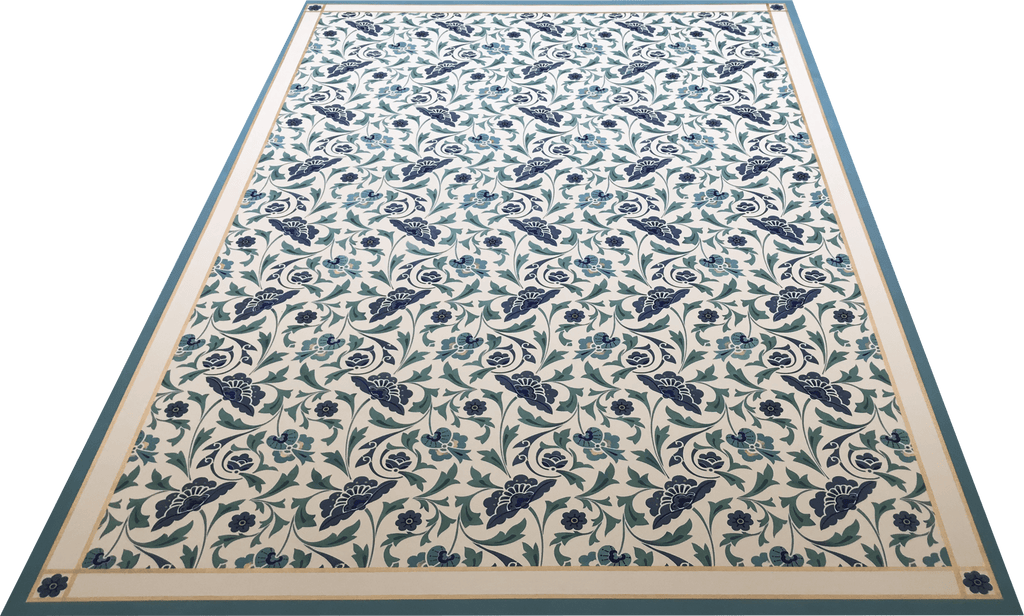 The full image of this floorcloth based on an all-over-floral pattern from Christopher Dresser's 1875 book, Studies in Design.