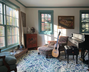 In-situ photo of this All-Over-Floral floorcloth in the music room of it's home in Northern Maine.
