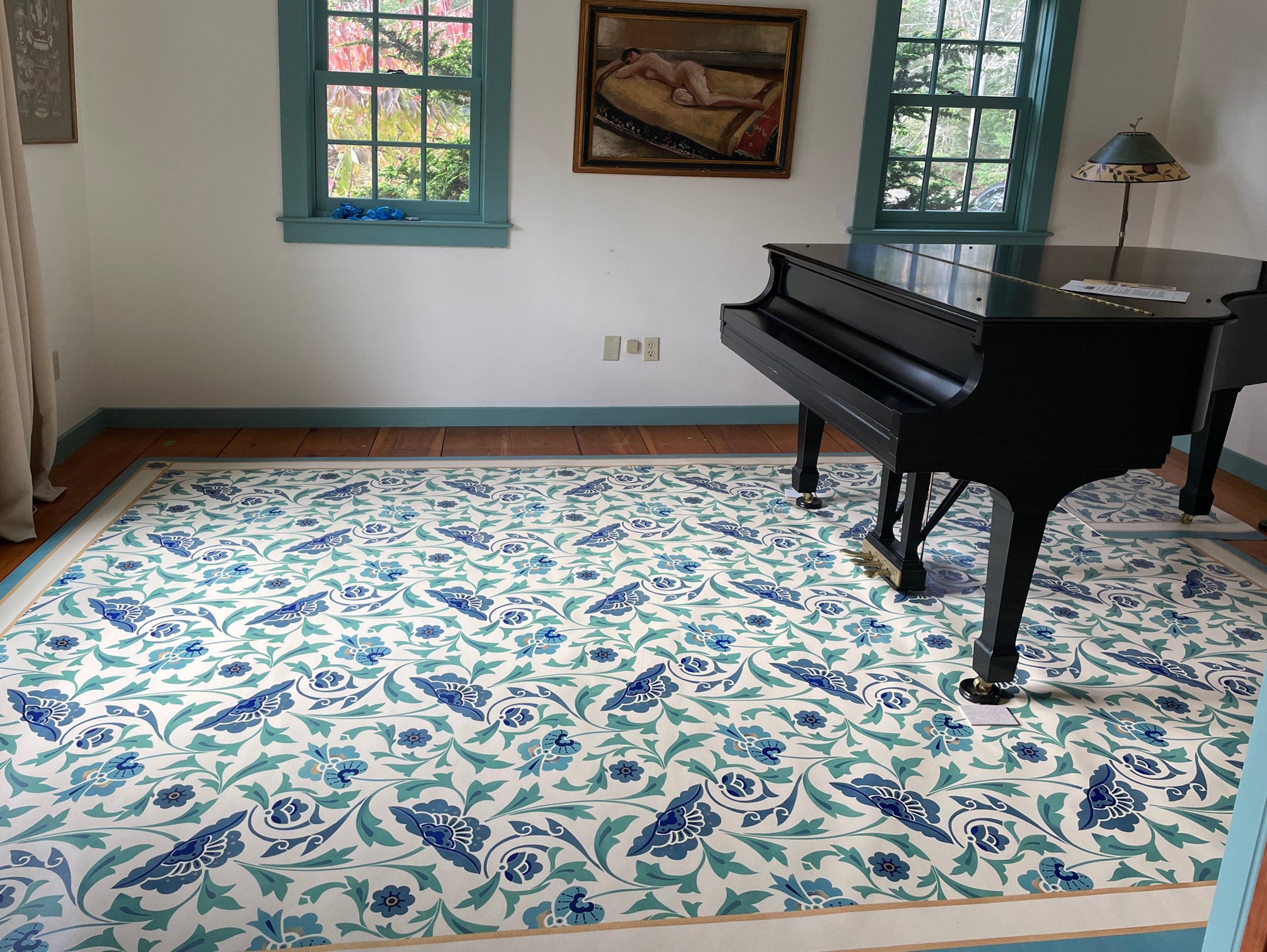 In-situ photo of this All-Over-Floral floorcloth in the music room of it's home in Northern Maine.