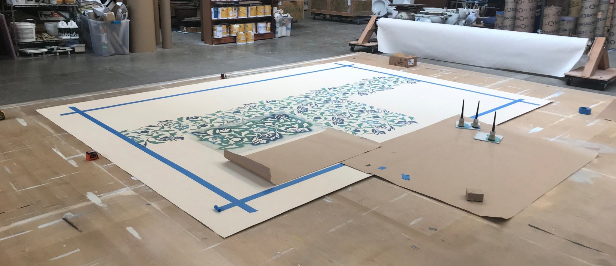A second production image of this floorcloth showing the stencil progression done in a manner to ensure that the pattern remains square to the floorcloth.