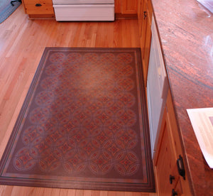 An in-situ image of Grace Floorcloth #2 that shows how the countertops influenced the palette.