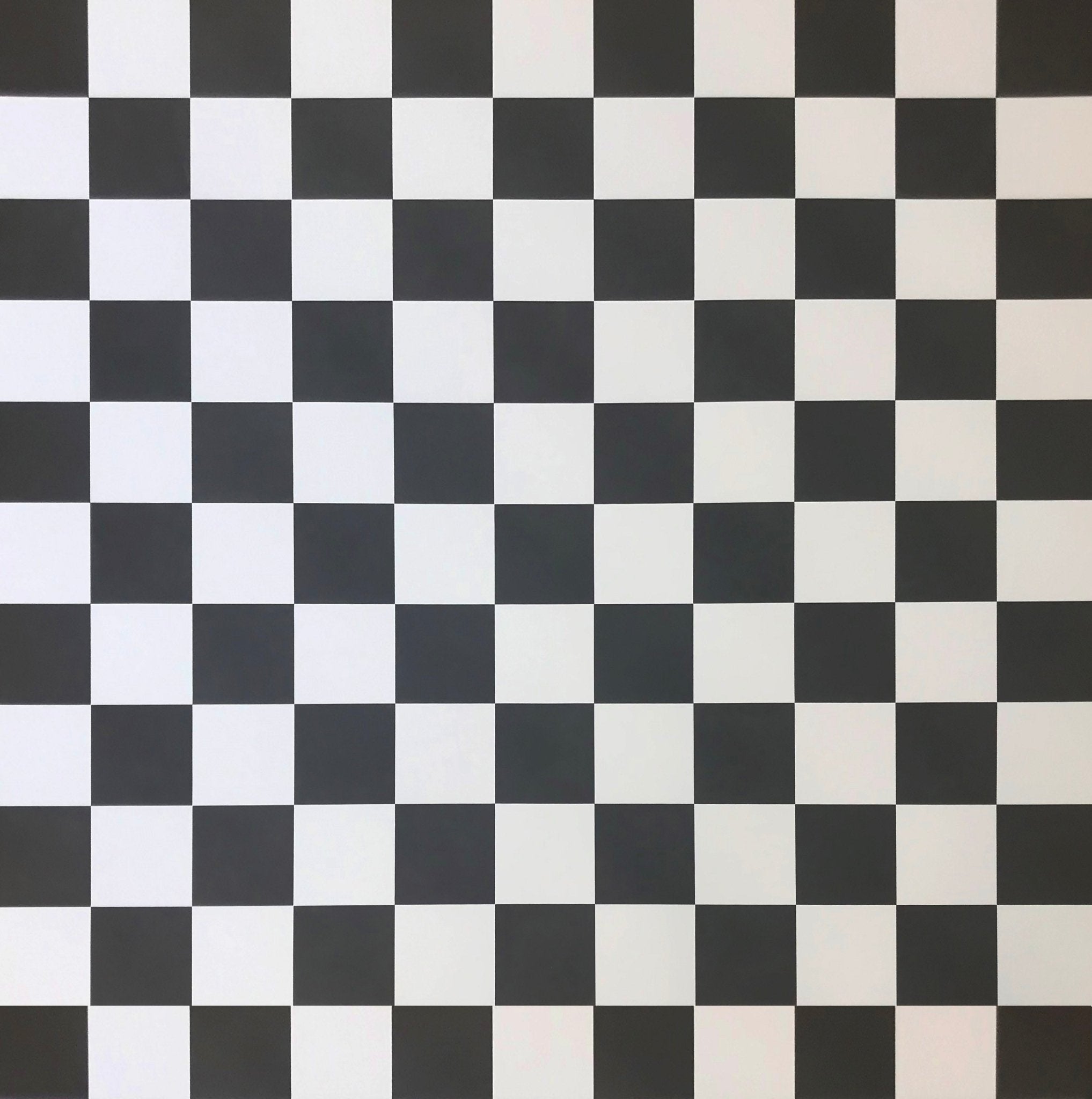 Full image of this black and white checkerboard floorcloth measuring 9.5' x 9.5'.