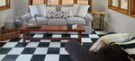 Load image into Gallery viewer, In-situ photo of Checkerboard Floorcloth #1 in the fully appointed guest room. 
