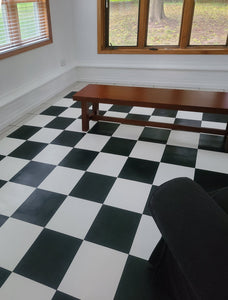 In-Situ image of this black and white checkerboard floorcloth - more furniture on the way!