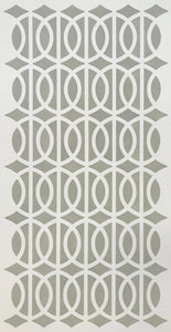The full image of this simple, elegant floorcloth with its line and circle pattern and linen-like colorway.