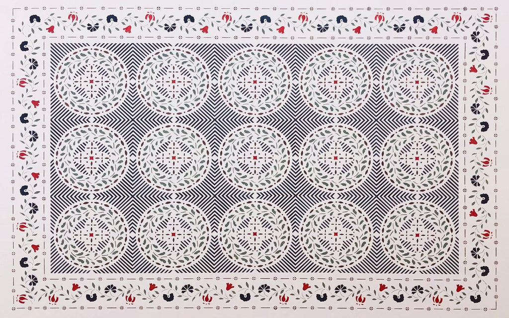 Full image of Edward Durant Floorcloth #2.  This pattern was found in the Edward Durant House, c. 1734, in Newton MA.