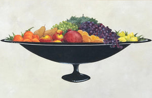 A close up of the hand painted fruit bowl at the center of this floorcloth.