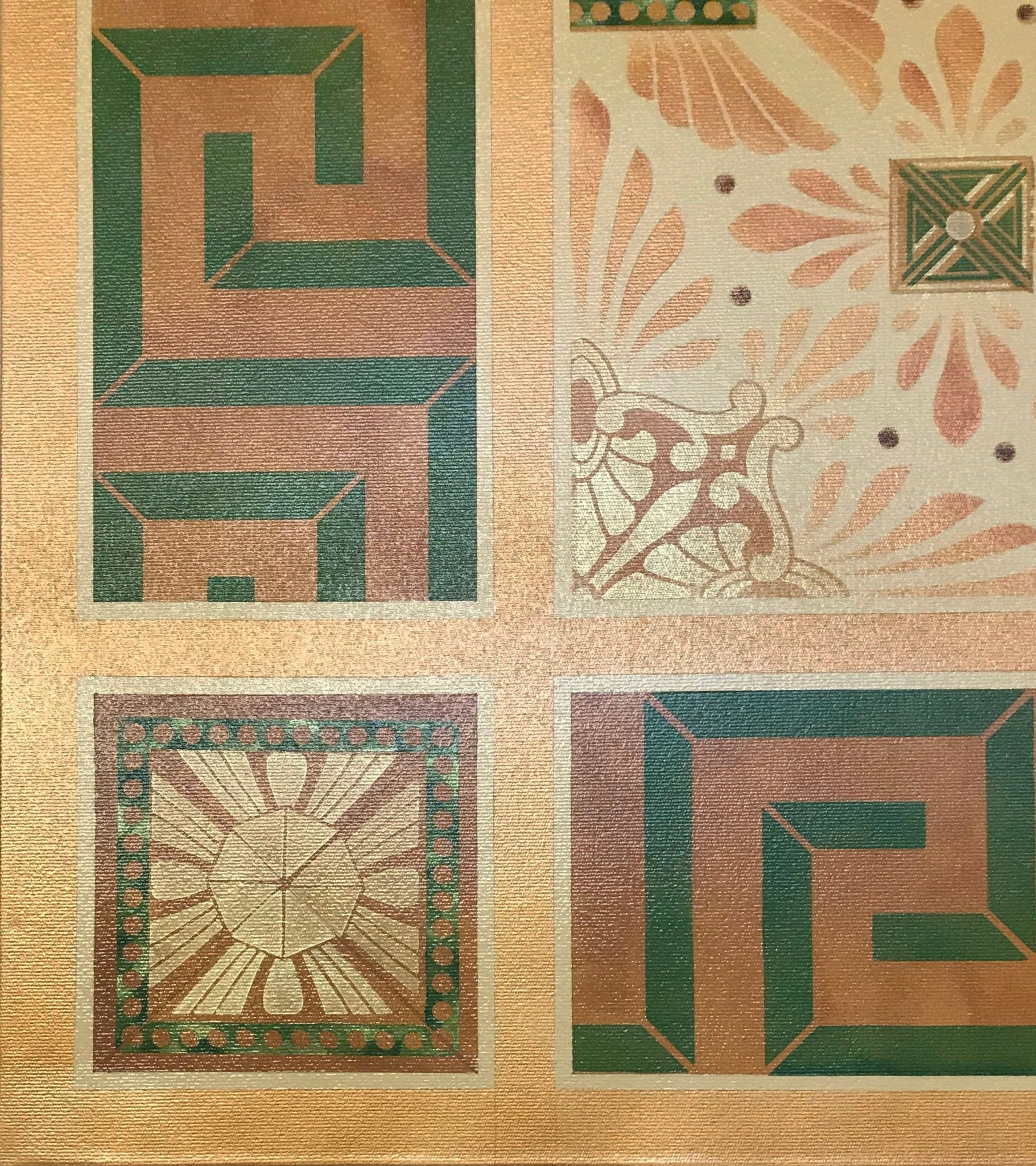 Close up corner image of this floorcloth, based on a design by Christopher Dresser.
