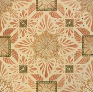 Close up of this floorcloth’s deco center motifs, based on a design by Christopher Dresser.