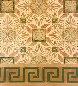 Close up of this floorcloth’s deco center motifs, based on a design by Christopher Dresser.  The border employs a Greek Key design.