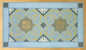 A full image of this floorcloth, based on a Christopher Dresser design with strong deco elements.