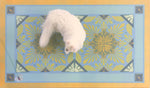 Load image into Gallery viewer, A full image of our Greek Deco Floorcloth #2 with Opal providing scale.

