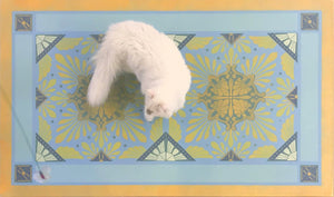 A full image of our Greek Deco Floorcloth #2 with Opal providing scale.