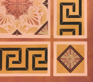 A close up of the corner of this floorcloth, Greek Deco #3, based on a pattern from Christopher Dresser's "Studies in Design", c.1875, utilizing a Greek Key border.