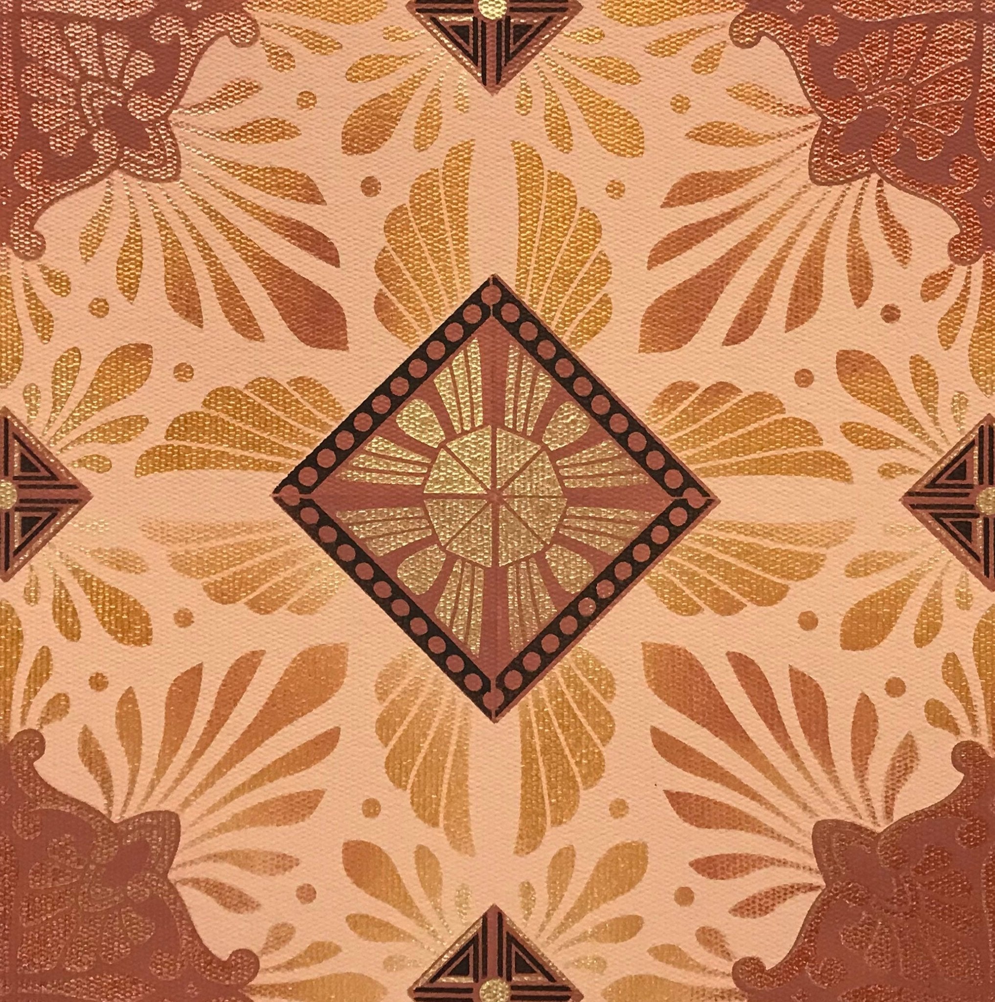 A close up of the diamond sunburst motif in this floorcloth, Greek Deco #3, based on a pattern from Christopher Dresser's "Studies in Design", c.1875.