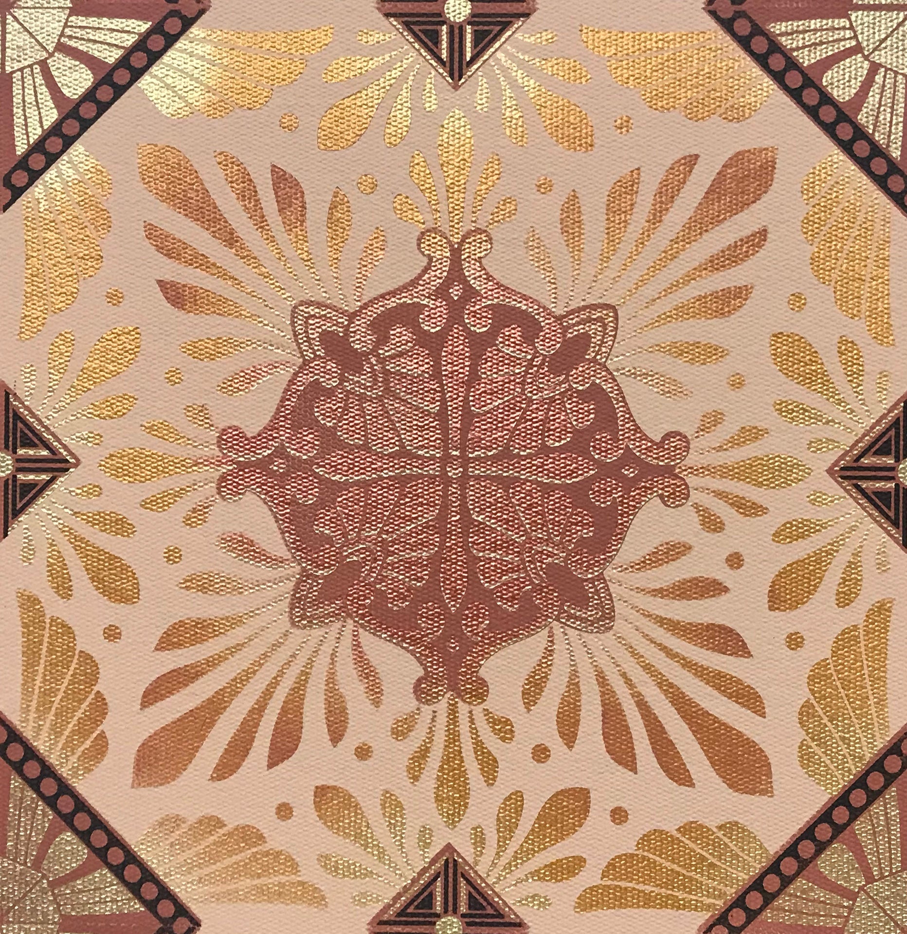 A close up of the central motif in this floorcloth, Greek Deco #3, based on a pattern from Christopher Dresser's "Studies in Design", c.1875.
