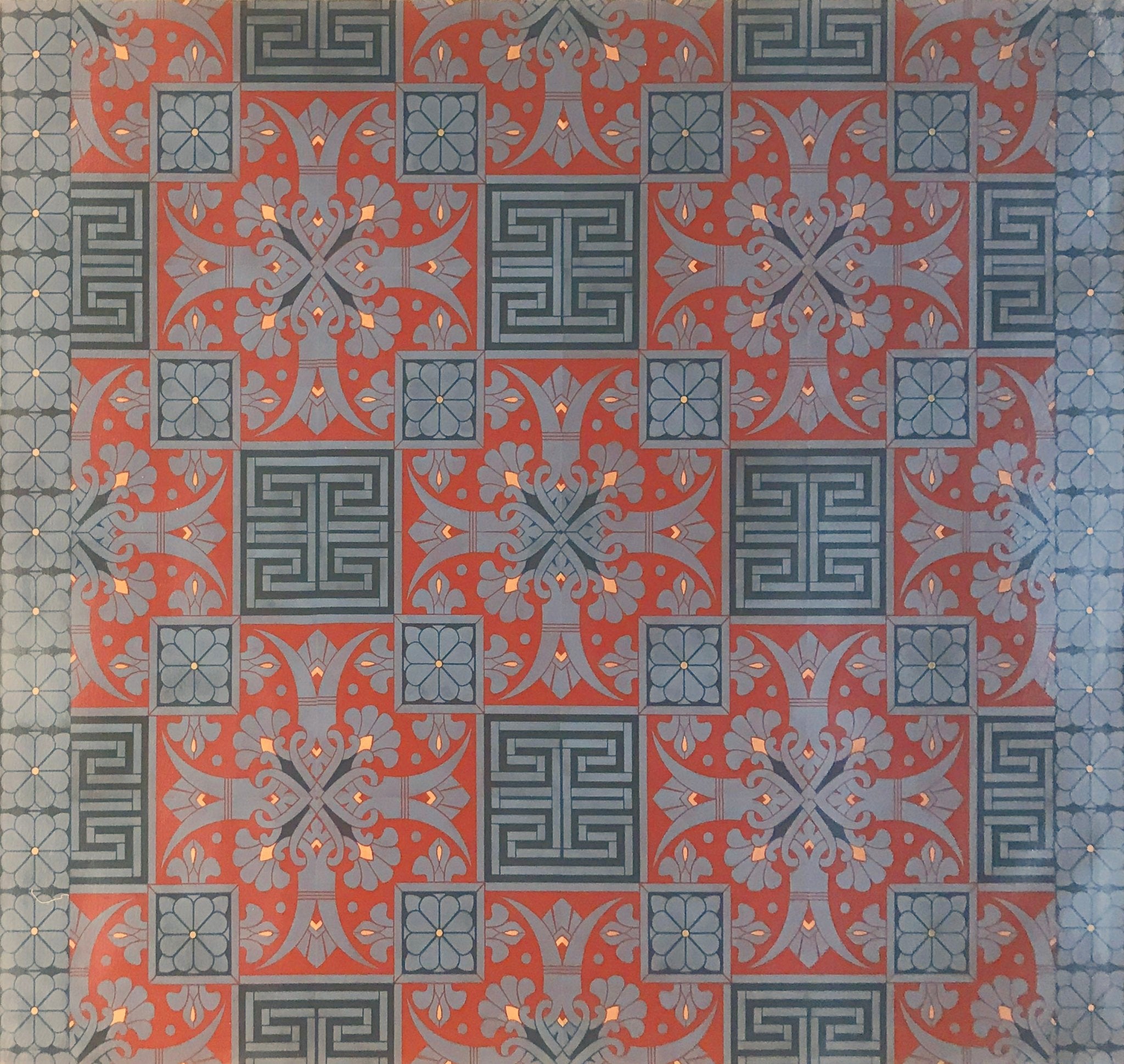 Full image of this floorcloth with an Greek Key design based on a Christopher Dresser pattern.