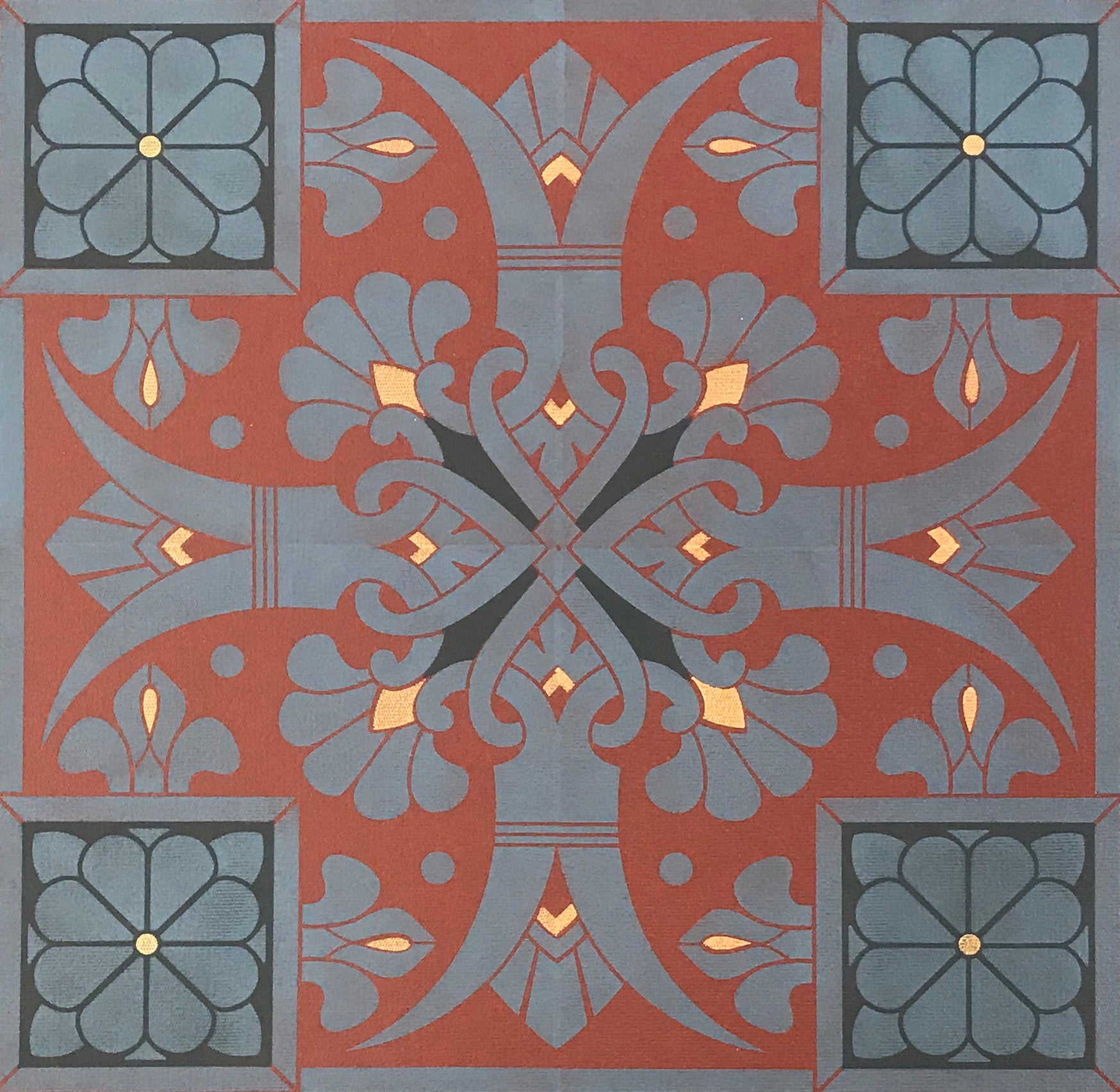 Close up of elements of this floorcloth including charming fleur de lis and floral motifs.