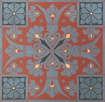 Load image into Gallery viewer, Close up of elements of this floorcloth including charming fleur de lis and floral motifs.
