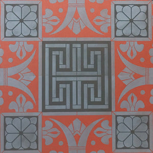 A close up of the Greek Key motif in this floorcloth.