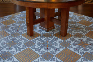 In-Situ image of this floocloth based on a Christopher Dresser pattern with Greek Key and Fleur de lis elements. Photo by Sally Painter.
