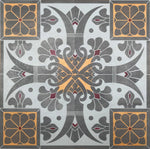 Load image into Gallery viewer, Close up of elements of this floorcloth including charming fleur de lis and floral motifs.

