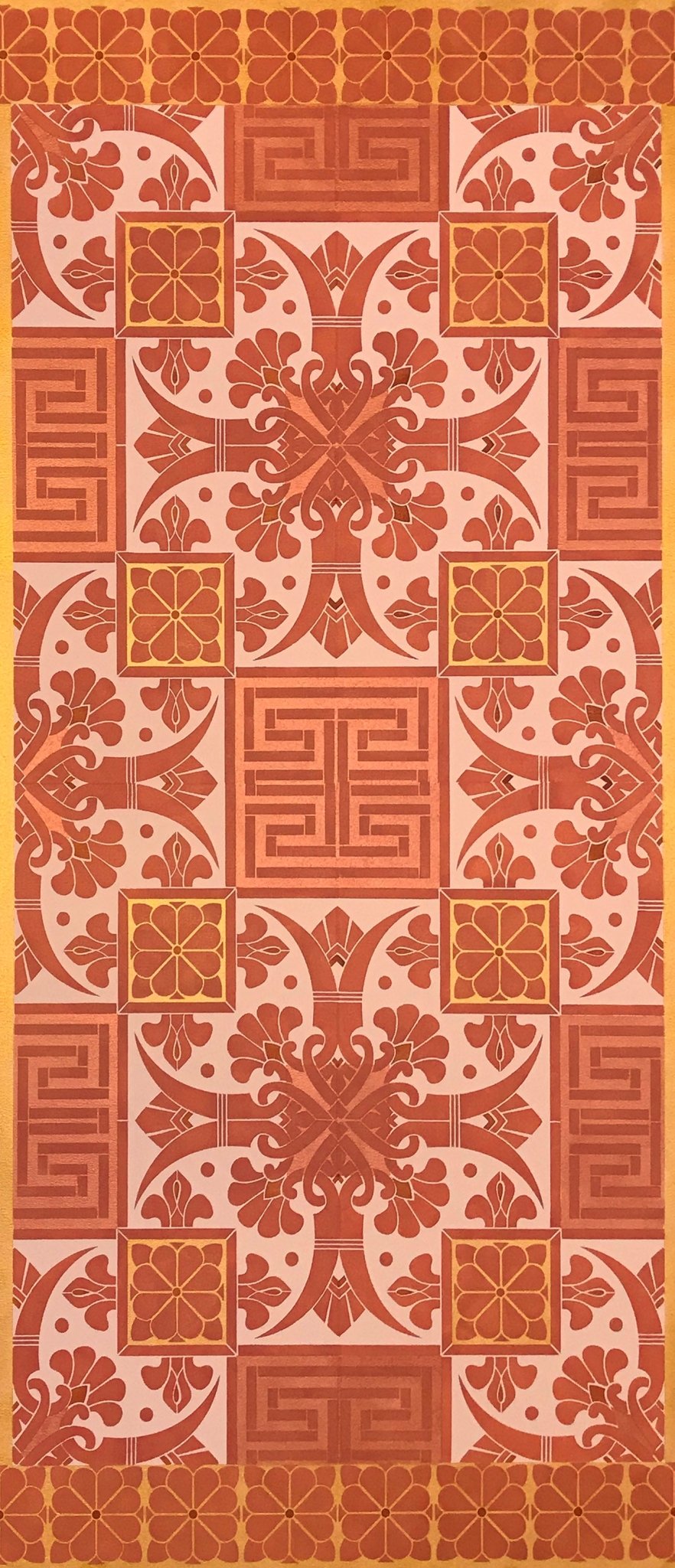 Full image of this floorcloth based on a Christopher Dresser pattern in pink, copper and gold tones.