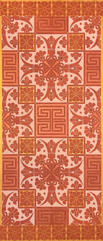 Load image into Gallery viewer, Full image of this floorcloth based on a Christopher Dresser pattern in pink, copper and gold tones.
