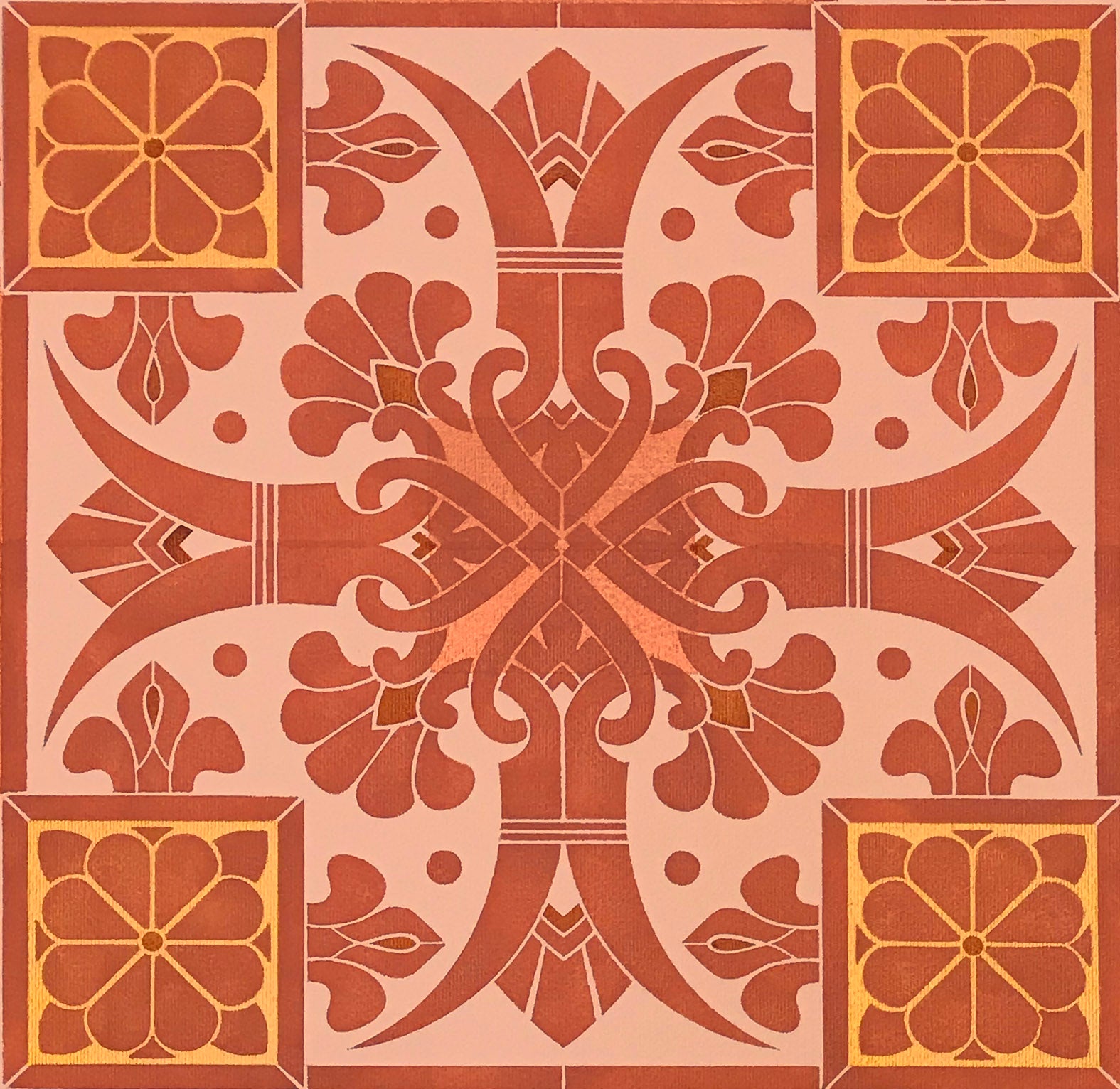 A close-up image of the stylized fleur de lis elements of this floorcloth pattern.