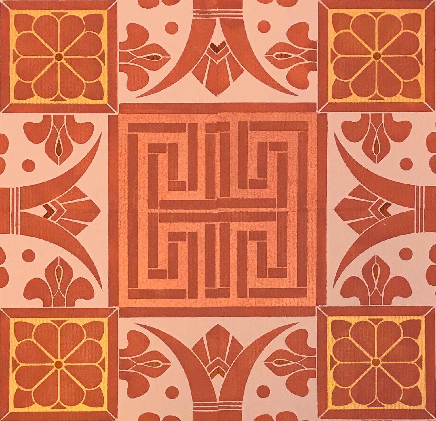 A close up of this floorcloth, showing the greek key element.
