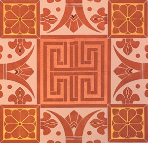 A close up of this floorcloth, showing the greek key element.