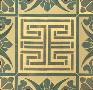 A close up of the greek key motif in this design by Christopher Dresser, gracing Greek Key Floorcloth #4.