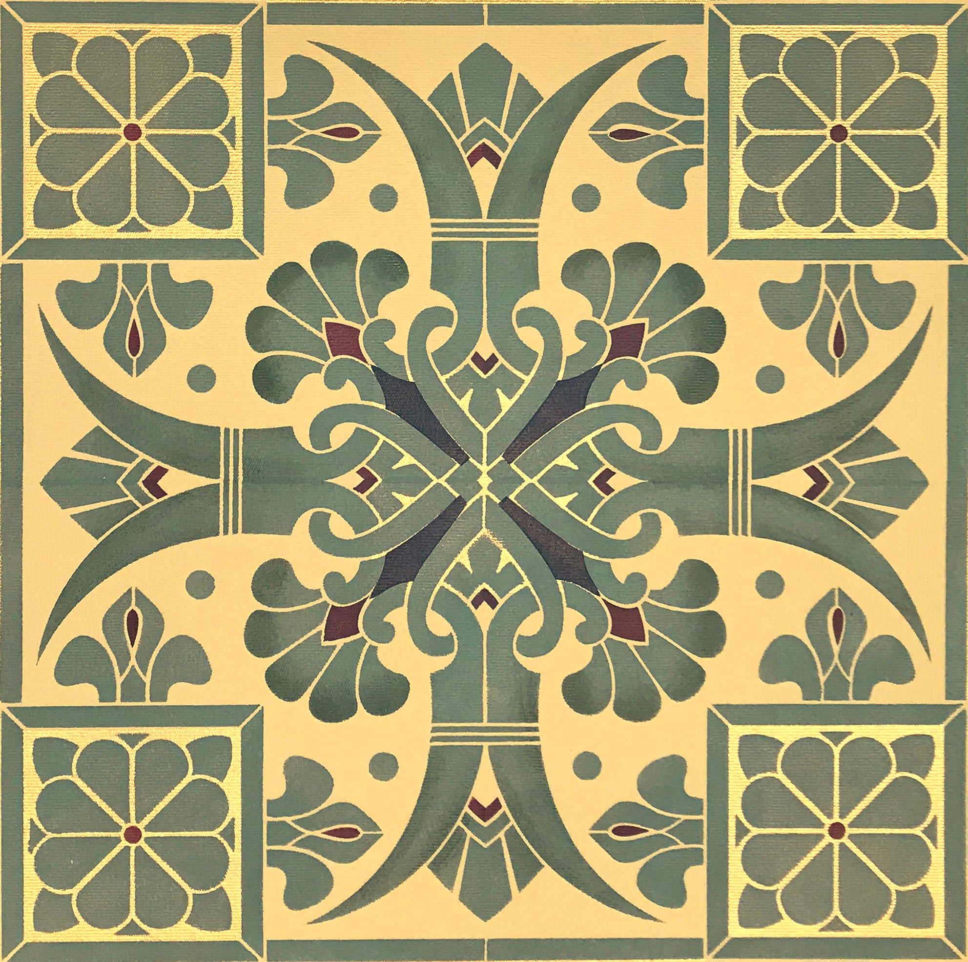 A close up image of the fleur de lis and flower motifs in this design by Christopher Dresser, c. 1875. 
