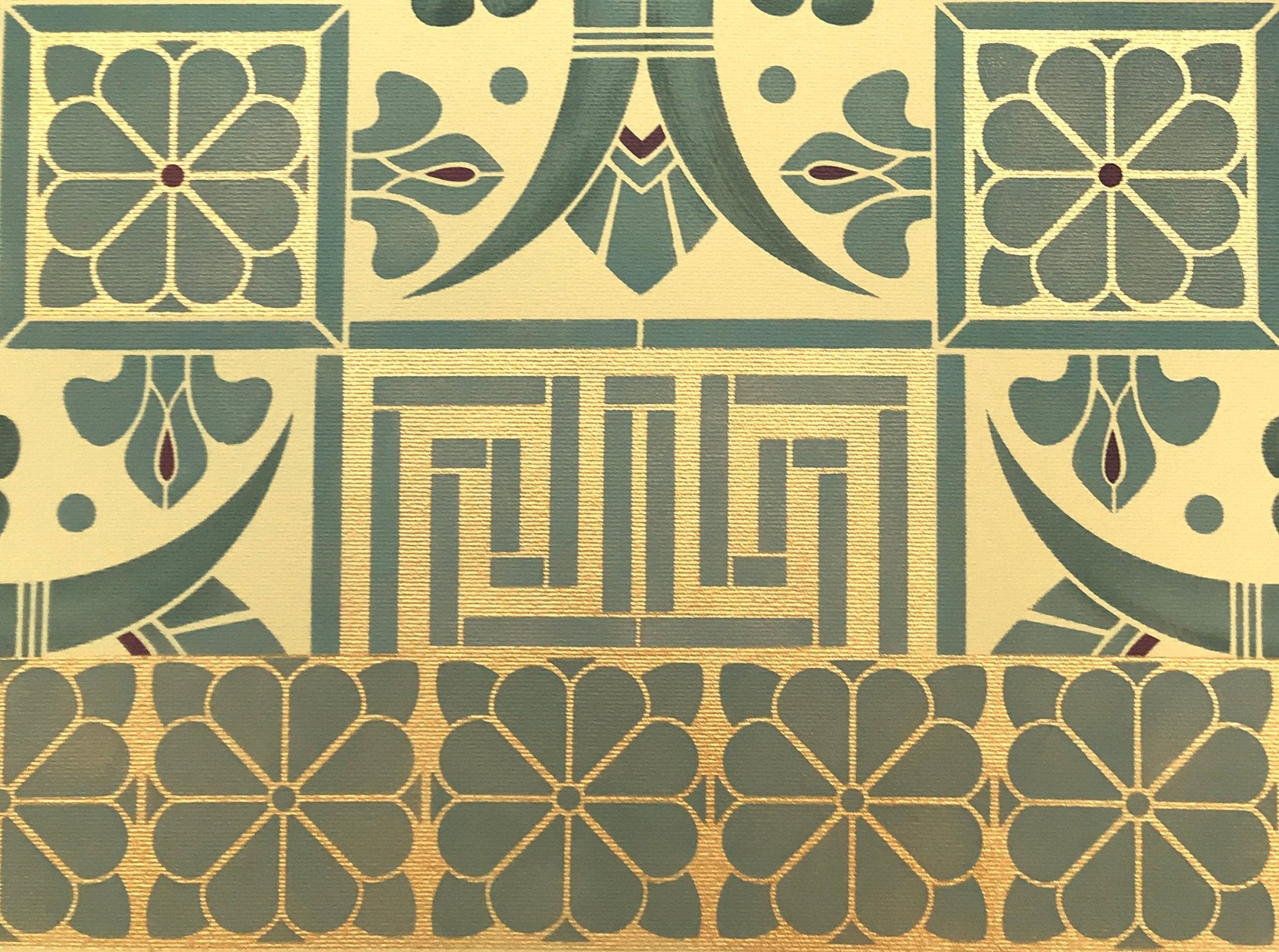 A close up image of the interior pattern meeting the floral border of Greek Key Floorcloth #4.