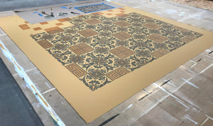 A production image of the second stencil pass for Greek Key Floorcloth #4.