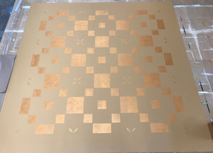 A production image of Greek Key Floorcloth #4 after the application of the first of four stencil passes for the interior.